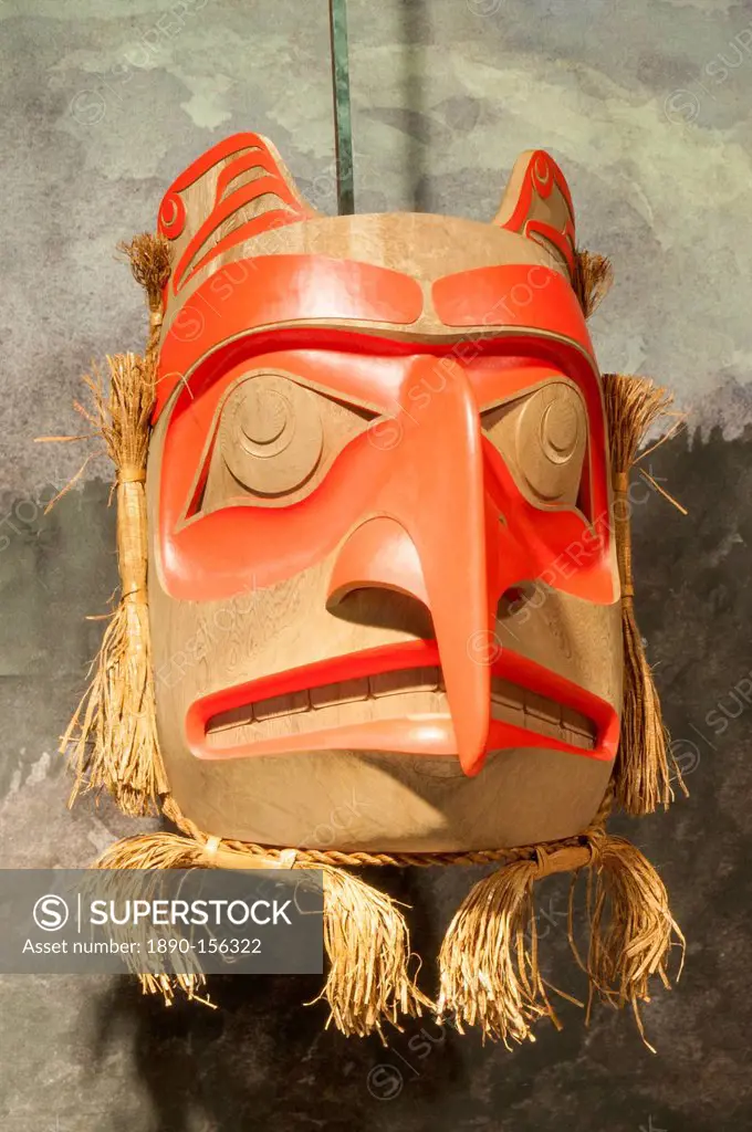 Mask at Haida Heritage Centre at Kaay Llnagaay, Haida Gwaii (Queen Charlotte Islands), British Columbia, Canada, North America