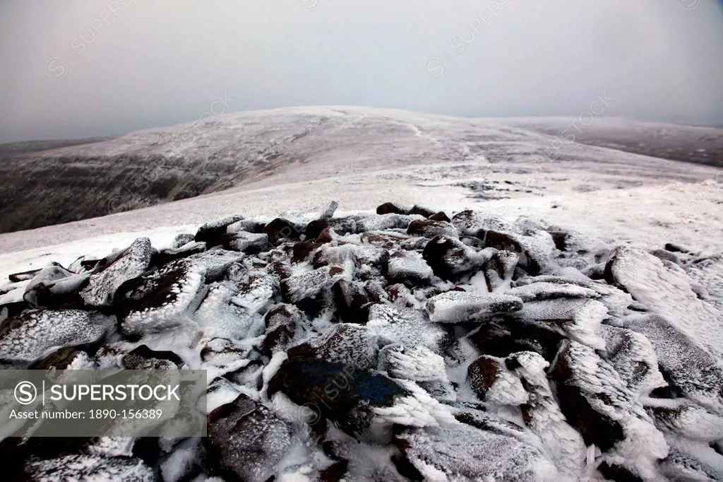 The summit of Waun Fach under snow, the highest peak in the Black Mountains, Brecon Beacons National Park, South Wales, United Kingdom, Europe