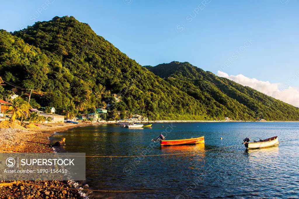 Fishing boats in the Bay of Soufriere, Dominica, West Indies, Caribbean, Central America