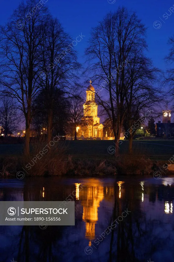 St. Chads church illuminated at night, reflections in River Severn, Quarry Park, Shrewsbury, Shropshire, England, United Kingdom, Europe