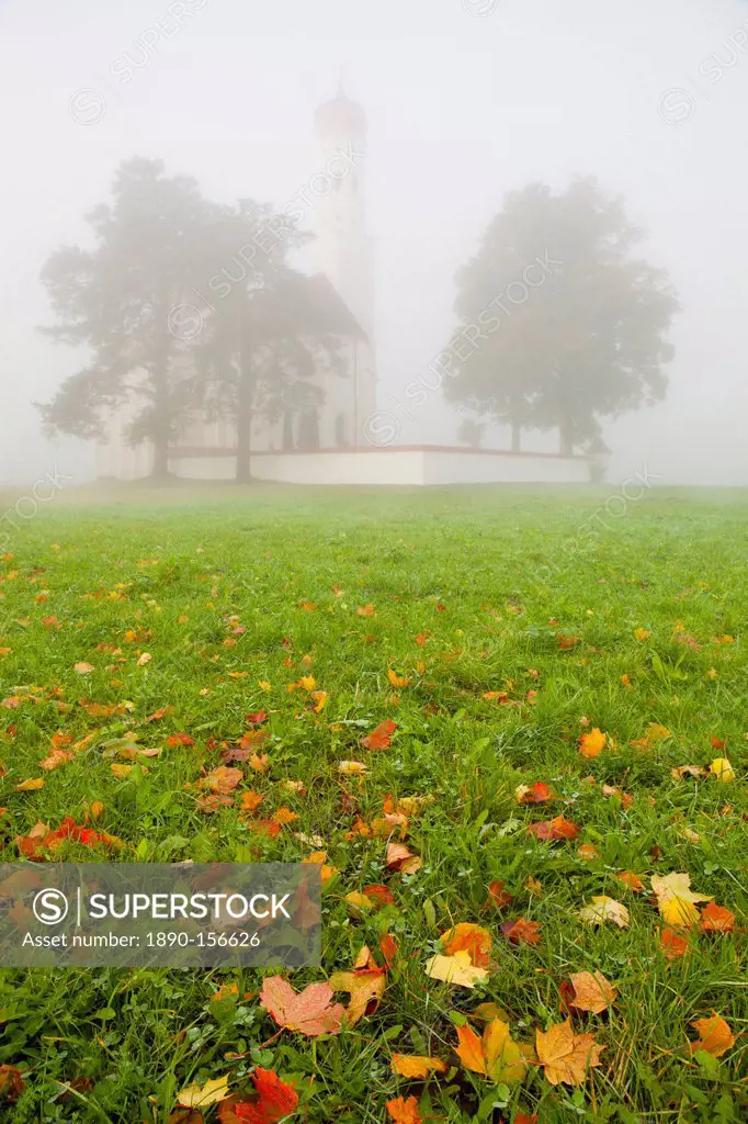 Saint Koloman Church in fog, near Fussen, Bavaria, Germany, Europe