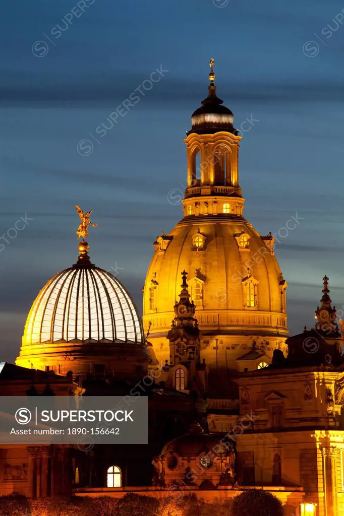 View of the dome of the Frauenkirche at night, Dresden, Saxony, Germany, Europe