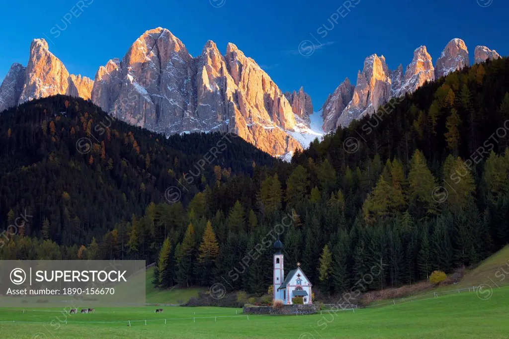 Saint Johann Church, near Saint Magdalena, Val di Funes, Dolomites, Trentino-Alto Adige, South Tirol, Italy, Europe