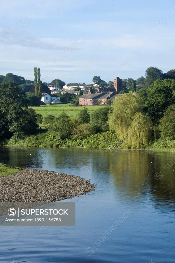 View across the River Eden to Lazonby village, Eden Valley, Cumbria, England, United Kingdom, Europe