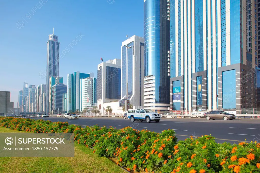 Skyscrapers on Sheikh Zayed Road, Dubai, United Arab Emirates, Middle East