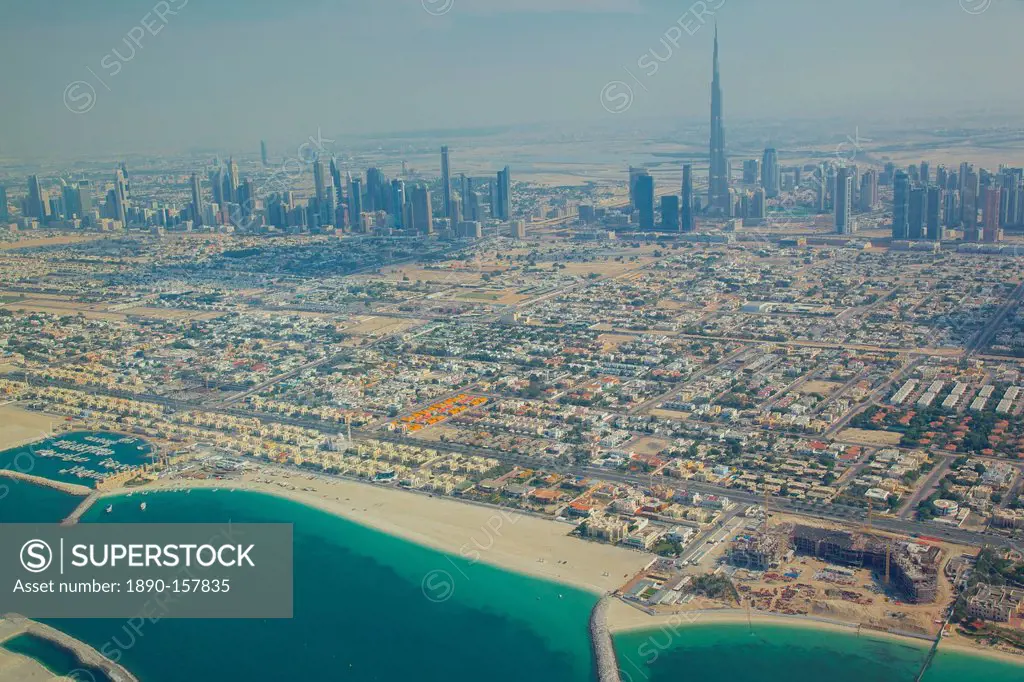 View of city skyline and Dubai Beach from seaplane, Dubai, United Arab Emirates, Middle East