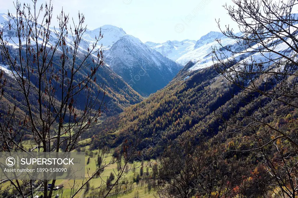 Pyreneean valley near Bagneres de Luchon with big peaks on the French and Spanish border in the background, Hautes-Pyrenees, France, Europe