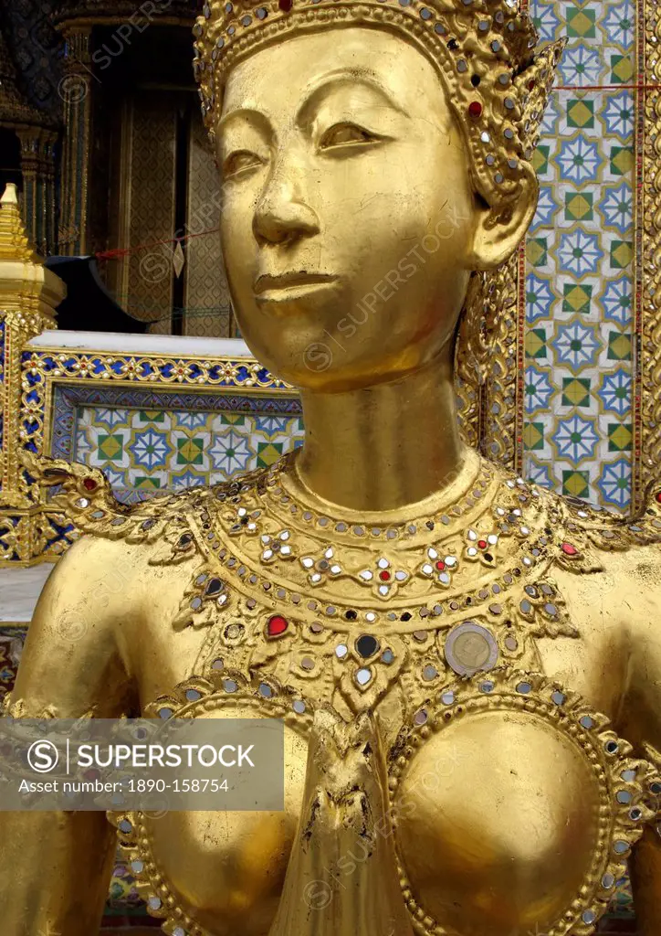 Statue of a kinnara, Wat Phra Kaew temple, Grand Palace. Bangkok, Thailand, Southeast Asia, Asia
