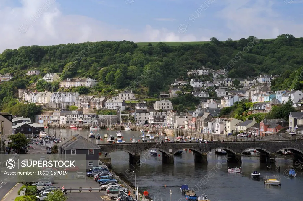 Overview of Looe harbour and bridge linking East and West Looe, Cornwall, England, United Kingdom, Europe