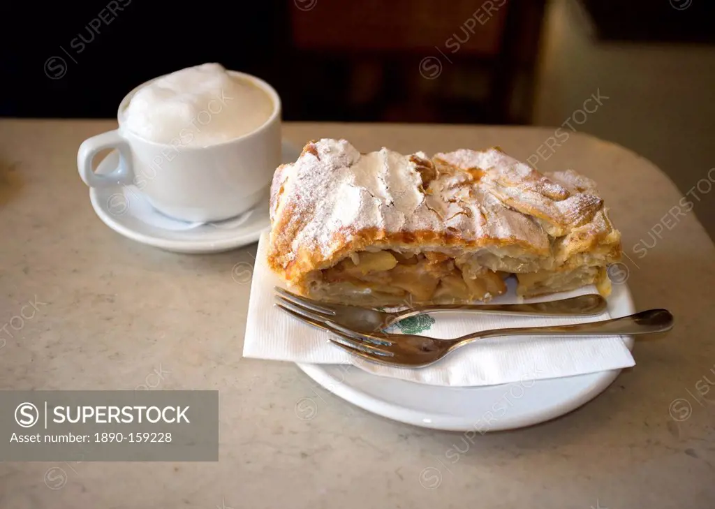 Apple strudel and cappuccino served in the Tomaselli Cafe in the Altstadt, Salzburg, Austira, Europe