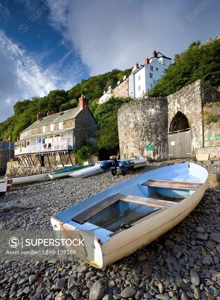 Fishing boat on the pebble beach in Clovelly harbour, Devon, England, United Kingdom, Europe