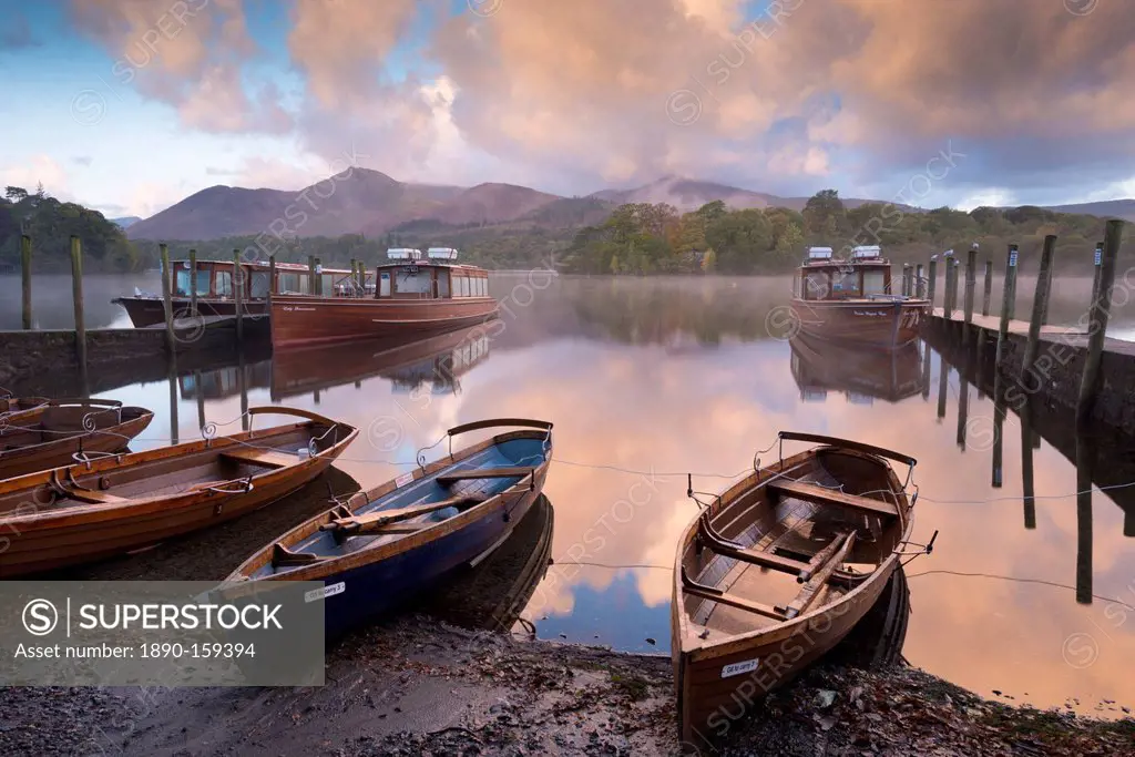 Boats and jetties near Friars Crag at dawn, Derwent Water, Lake District National Park, Cumbria, England, United Kingdom, Europe