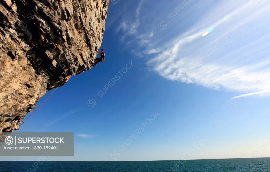 A climber scales cliffs near Swanage, Dorset, England, United Kingdom, Europe