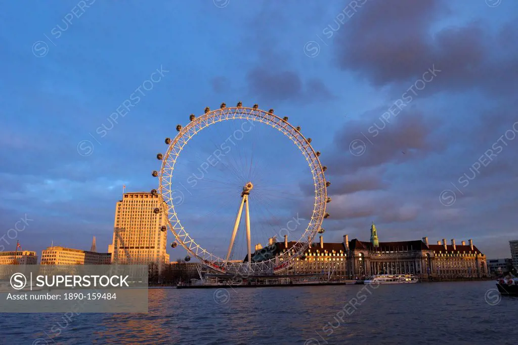 London Eye, River Thames, and City Hall from Victoria Embankment at sunset, London, England, United Kingdom, Europe