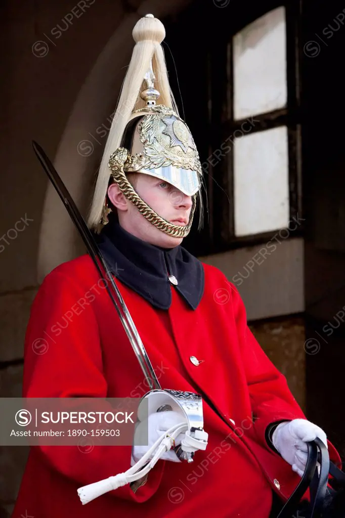 Mounted Household Cavalry guard outside entrance to Horseguards Parade, Whitehall, London, England, United Kingdom, Europe