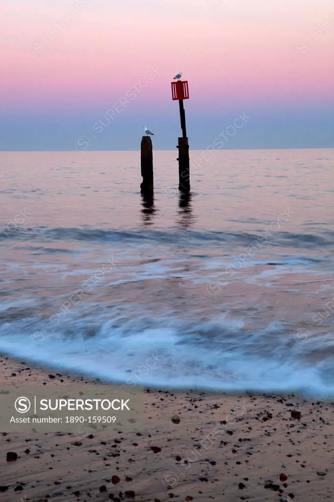 Seascape with wooden posts, Southwold, Suffolk, England, United Kingdom, Europe