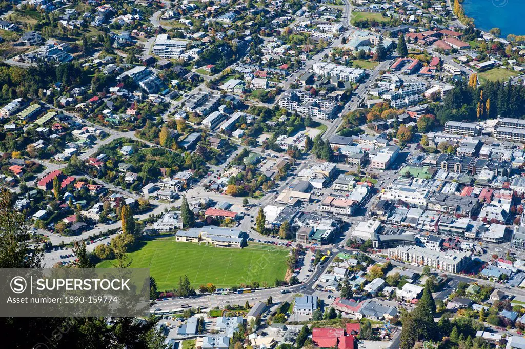 Aerial photo of Queenstown, Otago, South Island, New Zealand, Pacific