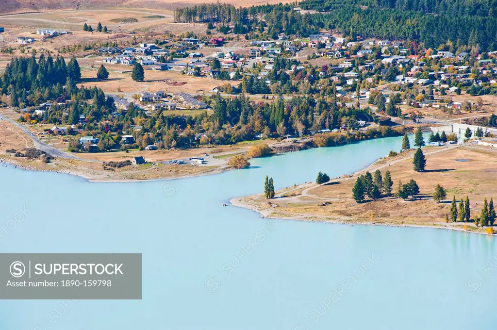 Lake Tekapo town taken from Mount John Observatory, Canterbury Region, South Island, New Zealand, Pacific