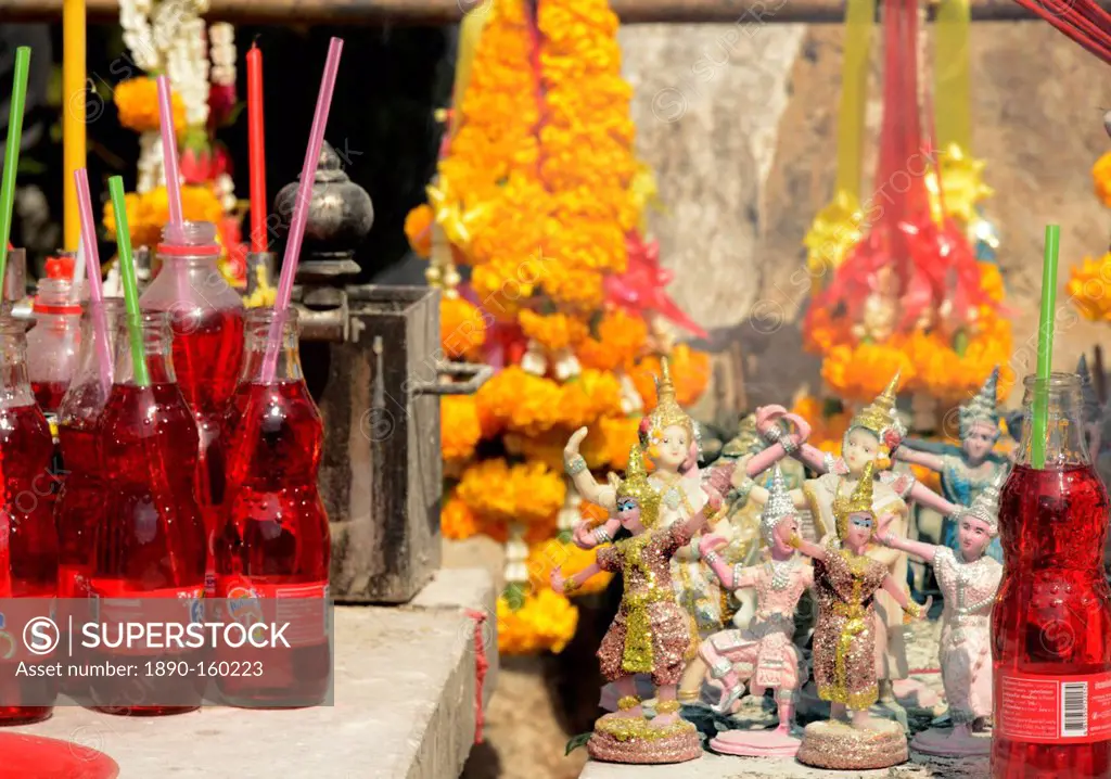 Red drinks offered to a Pig shrine, the Pig is the astrological symbol of the year a past queen was born, Bangkok, Thailand. Southeast Asia, Asia