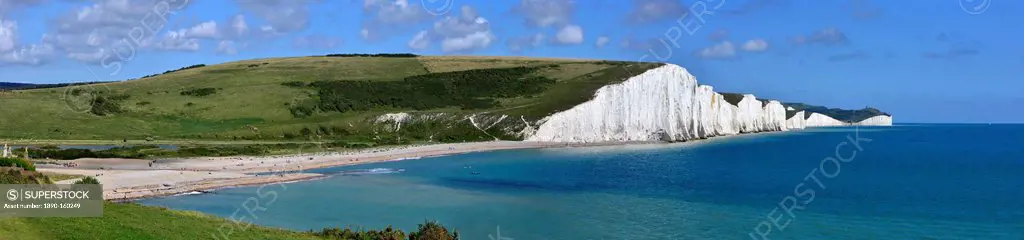 Cuckmere Haven and the Seven Sisters chalk cliffs, from the South Downs Way, East Sussex, England, United Kingdom, Europe