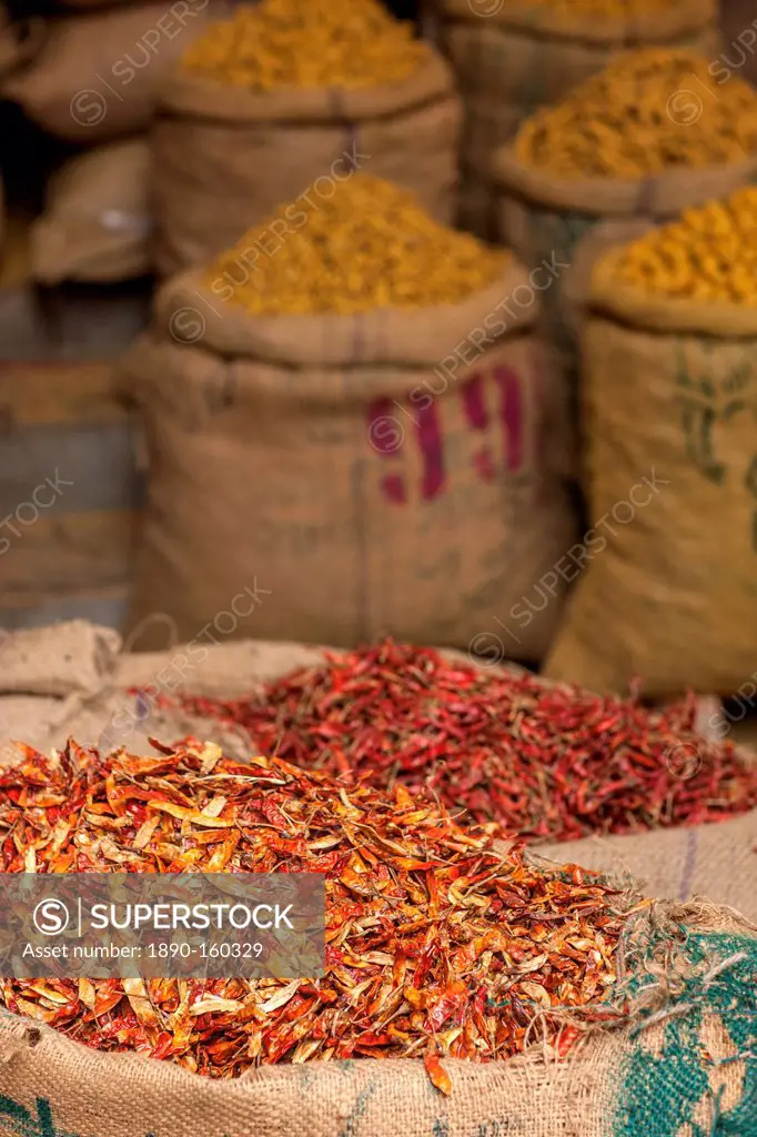 Sacks of chillies in a market, Delhi, India, Asia