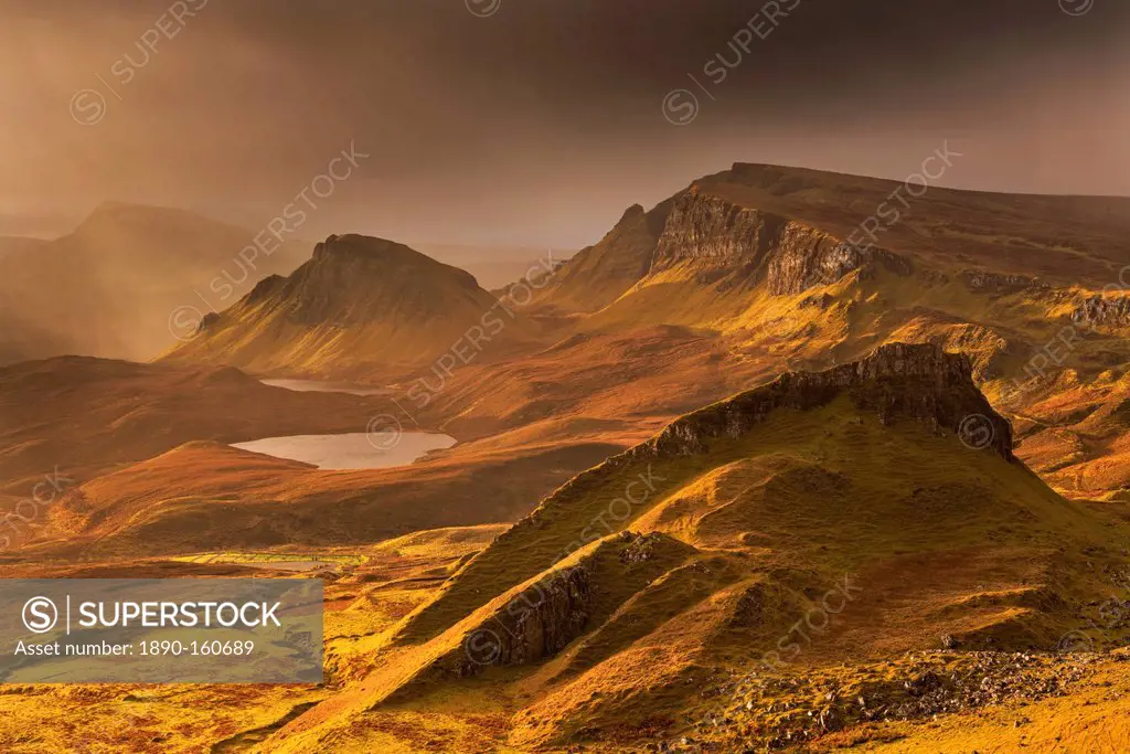 Spectacular winter light over the Trotternish Range from the Quiraing in the Isle of Skye, Inner Hebrides, Scotland, United Kingdom, Europe