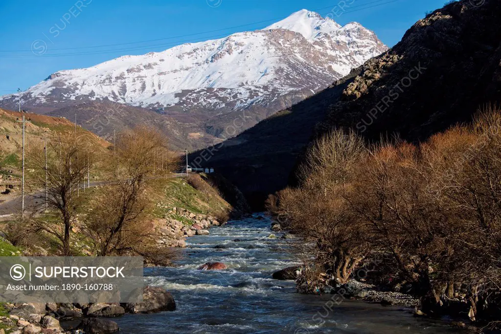 Snow capped mountains above the great Zab River along the Hamilton road leading into Iran, Iraq Kurdistan, Iraq, Middle East