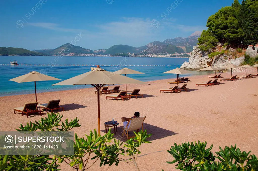Beach scene, Sveti Stefan, Budva Bay, Budva Riviera, Montenegro, Europe