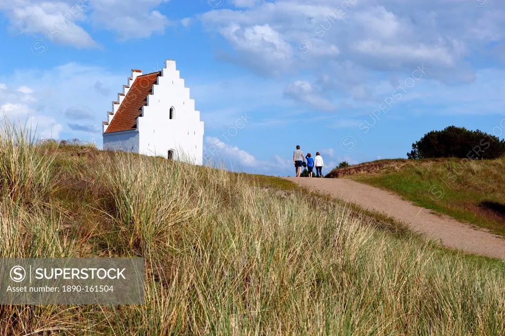 Tower of Den Tilsandede Kirke (Buried Church) buried by sand drifts, Skagen, Jutland, Denmark, Scandinavia, Europe