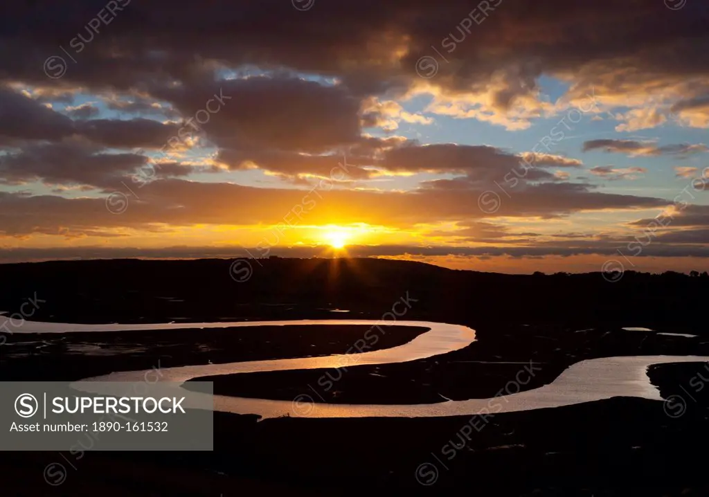 Cuckmere River meanders at sunset, near Seaford, South Downs National Park, East Sussex, England, United Kingdom, Europe
