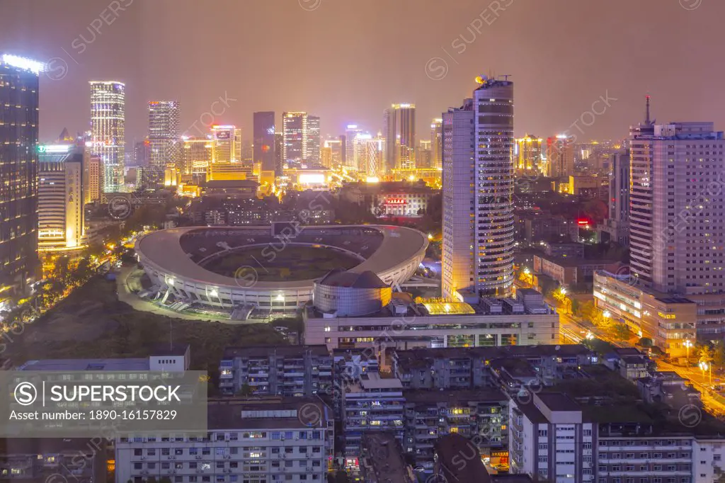View of Tianfu Expo Center at night, Chengdu, Sichuan Province, People's Republic of China, Asia