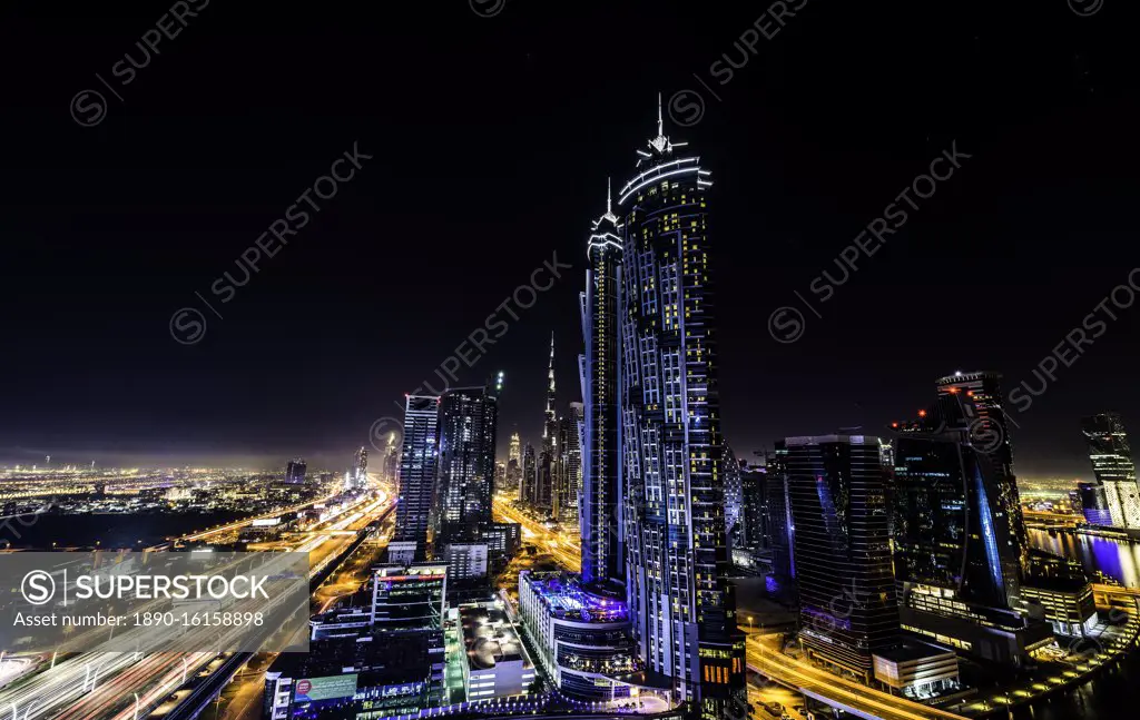 Long exposure overlooking Dubai at night, United Arab Emirates, Middle East