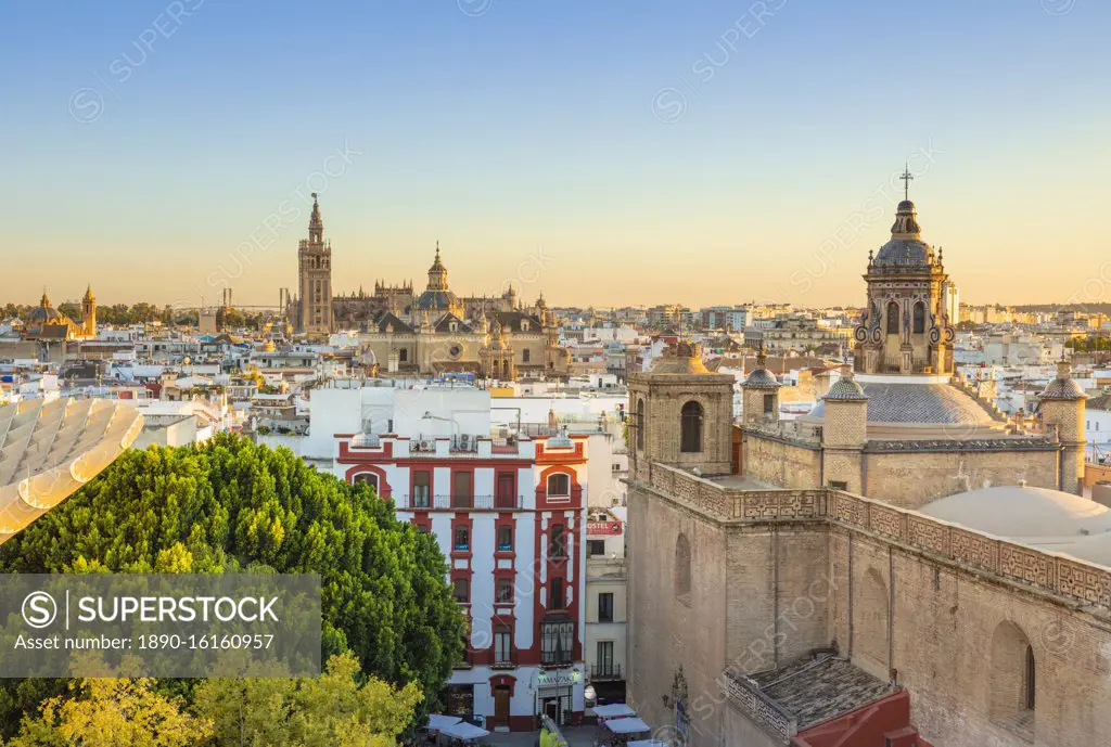 Seville skyline of Cathedral and city rooftops from the Metropol Parasol, Seville, Andalusia, Spain, Europe