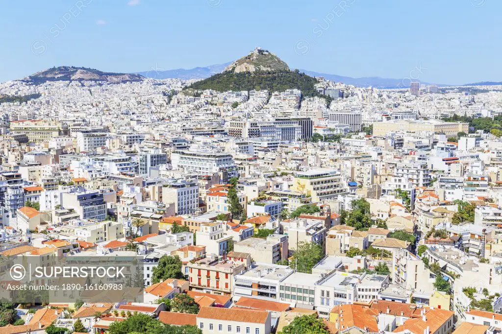 High angle view of Athens city centre, Athens, Greece, Europe