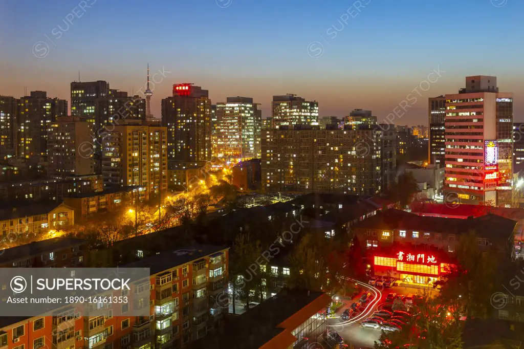 Elevated view of city near Beijing Zoo at dusk, Beijing, People's Republic of China, Asia
