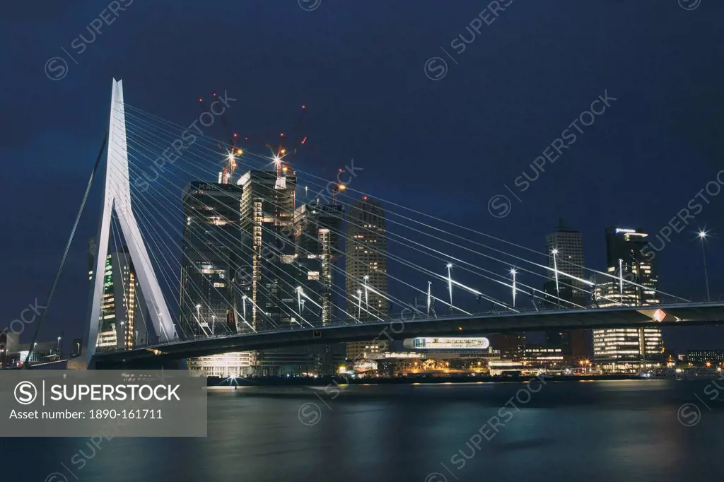 Erasmusbrug (Erasmus Bridge) crossing the Nieuwe Maas River, at night, Rotterdam, South Holland, The Netherlands (Holland), Europe