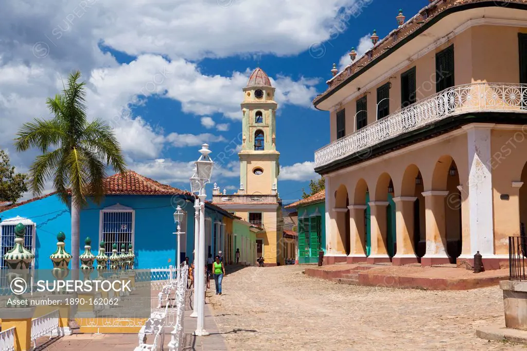 View across Plaza Mayor towards Museo Romantico and the belltower of The Convento de San Francisco de Asis, Trinidad, UNESCO World Heritage Site, Cuba...