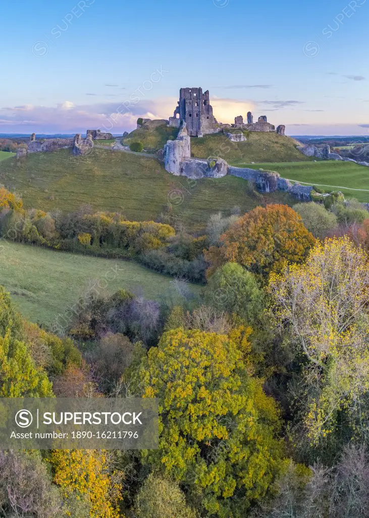 View by drone of Corfe Castle, Dorset, England, United Kingdom, Europe