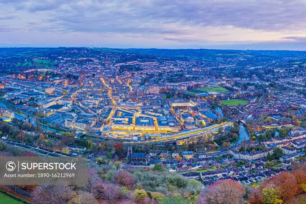 Aerial view by drone over the Georgian city of Bath, Somerset, England, United Kingdom, Europe