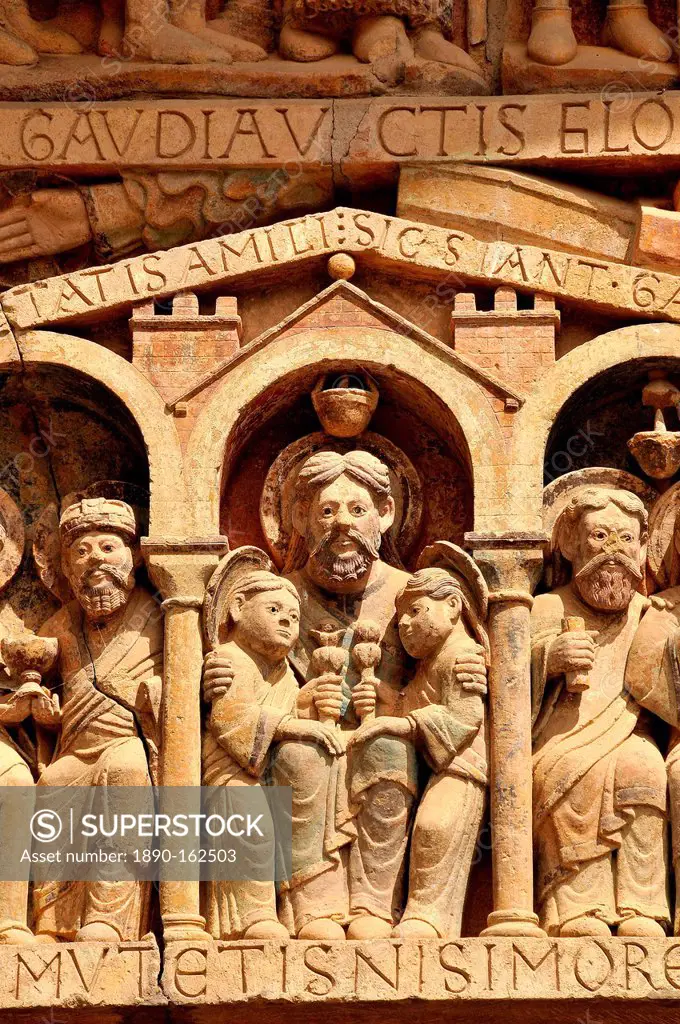 Detail of the tympanum depicting the Last Judgment and Heaven, Sainte-Foy de Conques abbey church, Conques, Aveyron, Midi-Pyrenees, France, Europe
