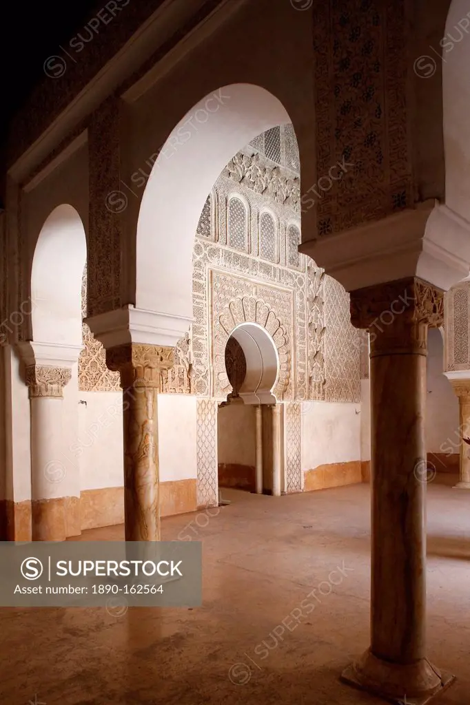 Ben Youssef Medersa, the largest Medersa in Morocco, originally a religious school founded under Abou el Hassan, UNESCO World Heritage Site, Marrakech...