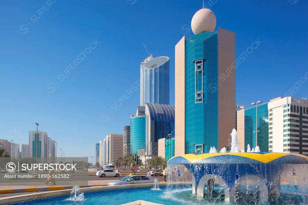 Contemporary architecture on Rashid Bin Saeed Al Maktoum Street, Abu Dhabi, United Arab Emirates, Middle East