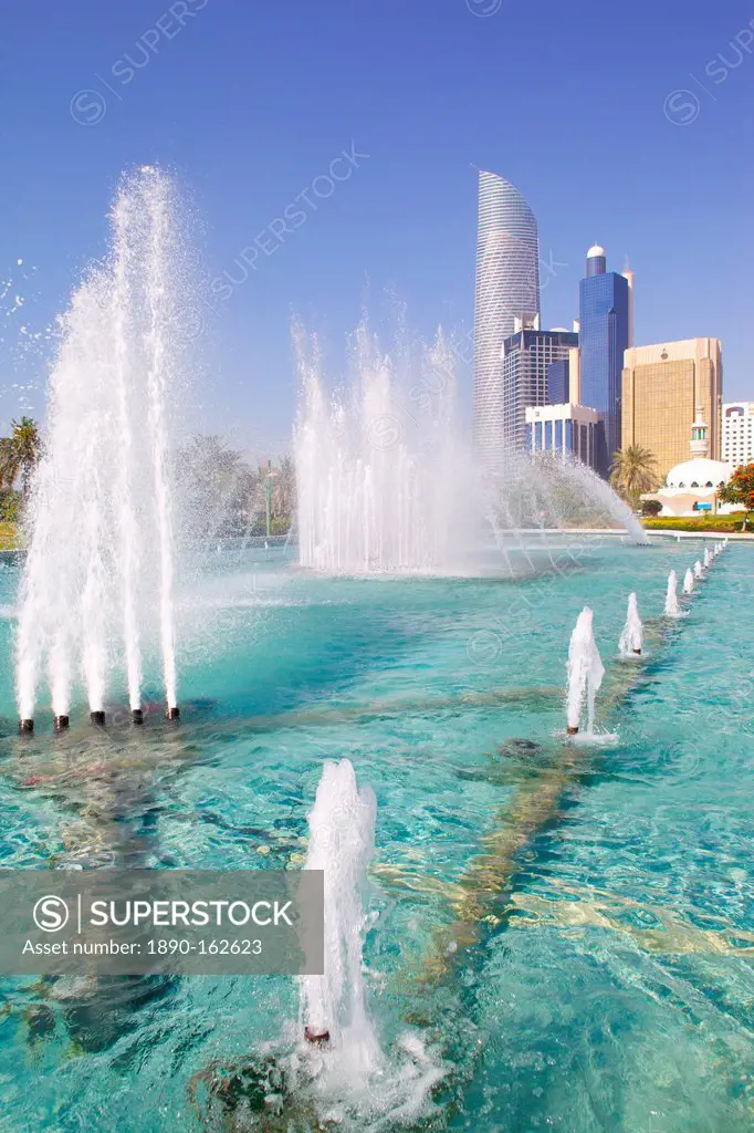 Contemporary architecture and Al Markaziyah Gardens and Fountain, Abu Dhabi, United Arab Emirates, Middle East