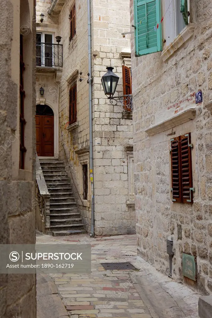 Street in historic old town of Kotor, Bay of Kotor, UNESCO World Heritage Site, Montenegro, Europe