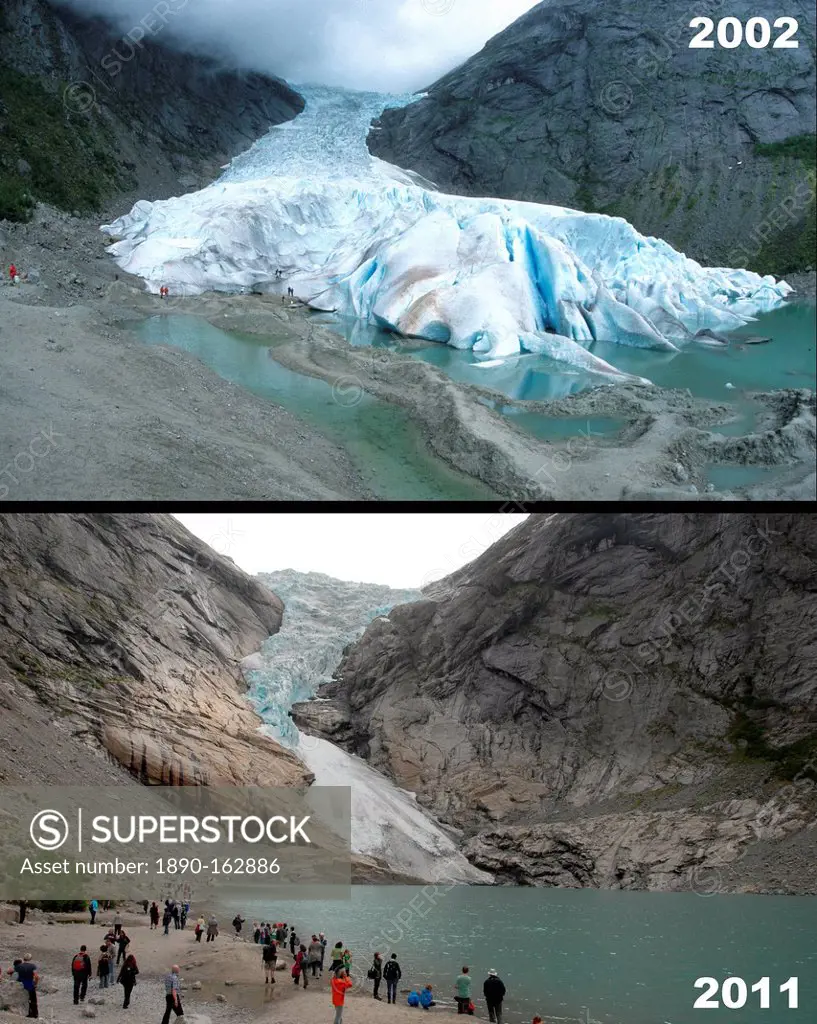 Retreat of Briksdal Glacier (Briksdalsbreen), western Josterdalsbreen, Olden, Norway, Scandinavia, Europe