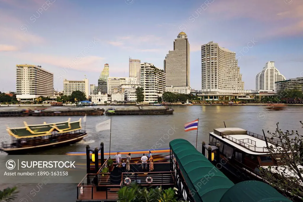 Chao Phraya River and the modern Bangkok skyline, Bangrak district, Bangkok, Thailand, Southeast Asia, Asia