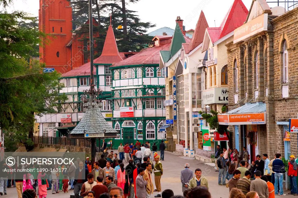 British style shops and buildings in Shimla, Himachal Pradesh, India, Asia