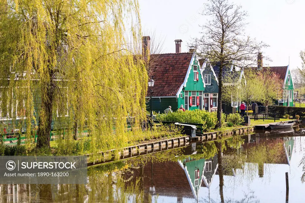 Preserved historic houses in Zaanse Schans, a village and working museum on the banks of the river Zaan, near Amsterdam, Zaandam, North Holland, Nethe...