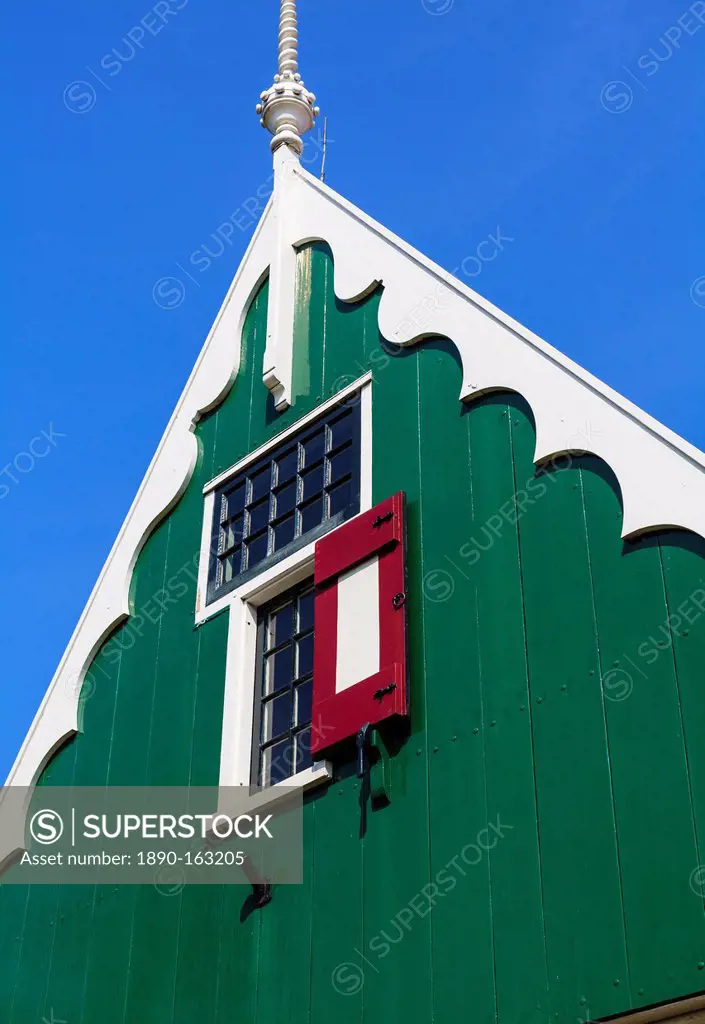 Preserved historic house in Zaanse Schans, a village and working museum on the banks of the river Zaan, near Amsterdam, Zaandam, North Holland, Nether...