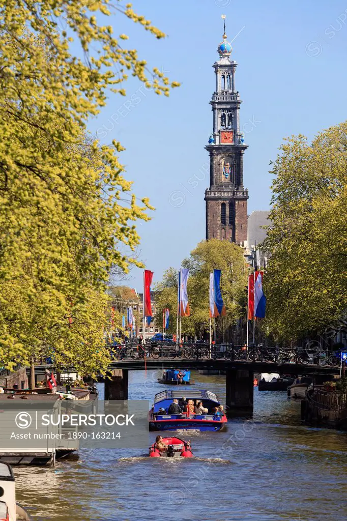 Westerkerk church tower by Prinsengracht Canal, Amsterdam, Netherlands, Europe